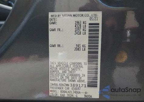 2021 Nissan Altima Sv Fwd z USA, uszkodzony, nr VIN 1N4BL4DV2MN389171